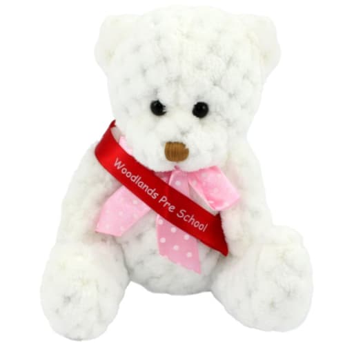 Custom branded 15cm Waffle Bear with Sash in Snowdrop from Total Merchandise