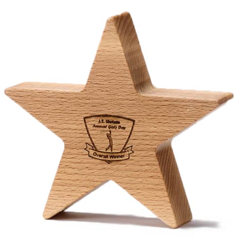 Logo branded Beechwood 5 Pointed Star Award with an engraved design from Total Merchandise