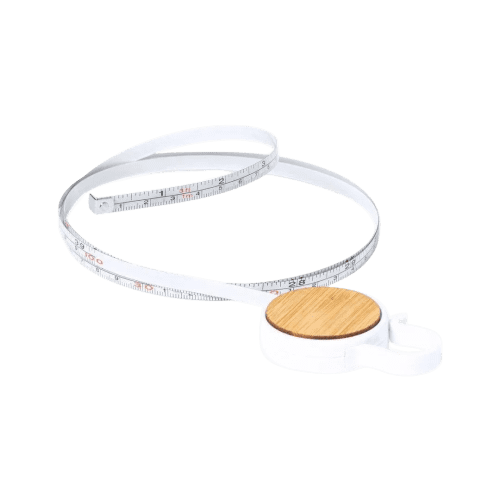 Branded 1M Bamboo and Plastic Tape Measure Keyring with a printed design from Total Merchandise