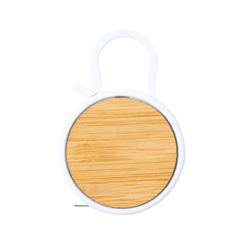 Logo branded 1M Bamboo and Plastic Tape Measure Keyring with a printed design from Total Merchandise