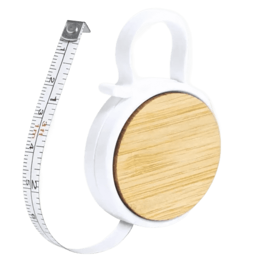 Logo branded 1M Bamboo and Plastic Tape Measure Keyring with a printed design from Total Merchandise
