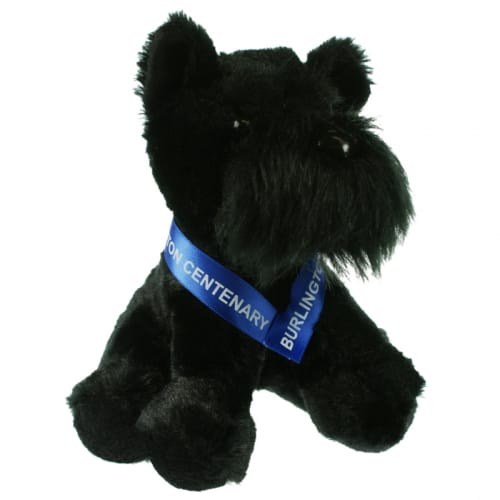 Custom branded 15cm Scottie Dog with a printed sash from Total Merchandise - black