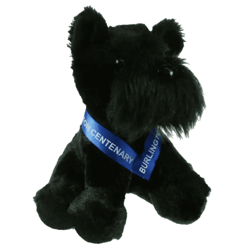 Custom branded 15cm Scottie Dog with a printed sash from Total Merchandise - black