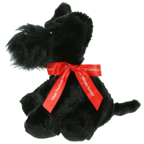 Custom branded 15cm Scottie dog with a design printed onto the bow from Total Merchandise