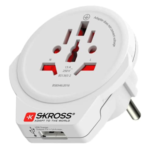 Customisable 3 Pole World Travel Adaptor with USB Port in White printed with your logo