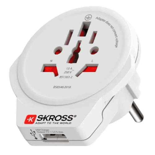 Customisable 3 Pole World Travel Adaptor with USB Port in White printed with your logo