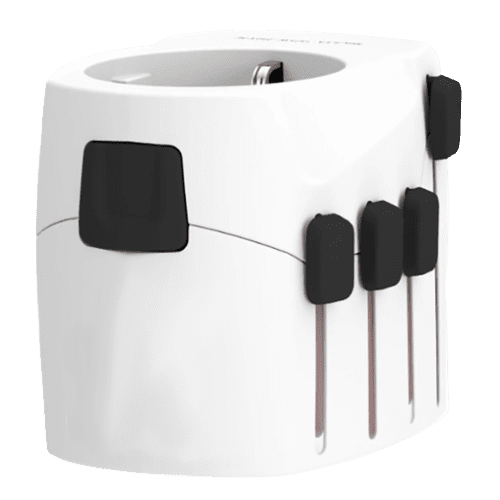 Custom printed 3 Pole World Travel Adaptor with USB Port in White branded with your logo