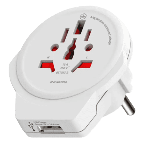 Customisable 3 Pole World Travel Adaptor with USB Port in White printed with your logo