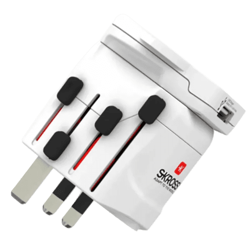Promotional 3 Pole World Travel Adaptor with USB Port in White branded with your logo