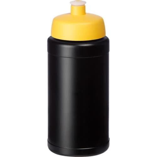 Custom branded 500ml Recycled Baseline Sports Bottle with Sports Lid in Black/Yellow