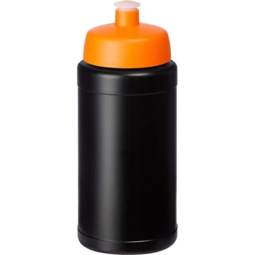 Custom printed 500ml Recycled Baseline Sports Bottle with Sports Lid in Black/Orange