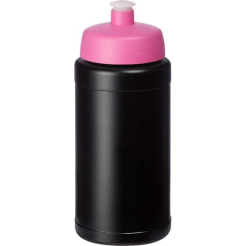 Custom branded 500ml Recycled Baseline Sports Bottle with Sports Lid in Black/Pink