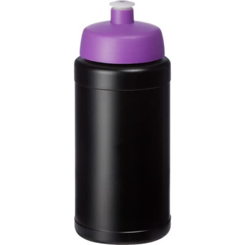 Custom printed 500ml Recycled Baseline Sports Bottle with Sports Lid in Black/Purple