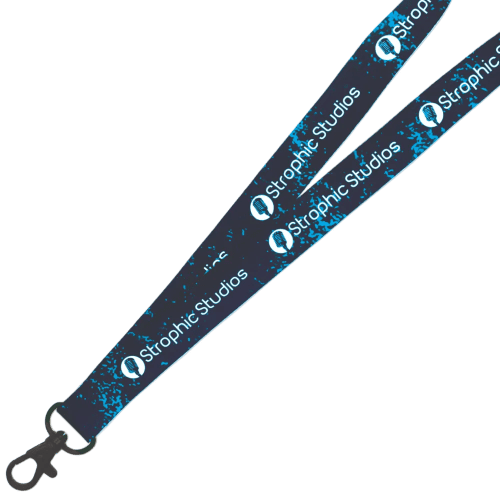 White Branded Lanyard Printed all Over with a Full Colour Logo supplied with Black Plastic Clip