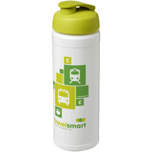Custom printed 750ml Baseline Plus Sports Bottle with Flip Lid in White/Lime from Total Merchandise