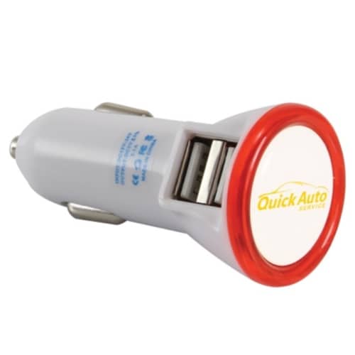 Personalisable Dual Port Led USB Car Charger in White/Red Printed with a logo from Total Merchandise