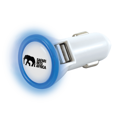 Promotional Dual Port Led USB Car Charger in White/Blue Printed with a logo from Total Merchandise
