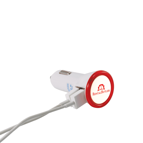 Personalisable Dual Port Led USB Car Charger in White/Red Printed with a logo from Total Merchandise
