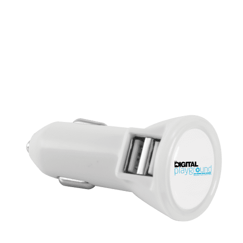 Customisable Dual Port Led USB Car Charger in White Printed with a logo from Total Merchandise