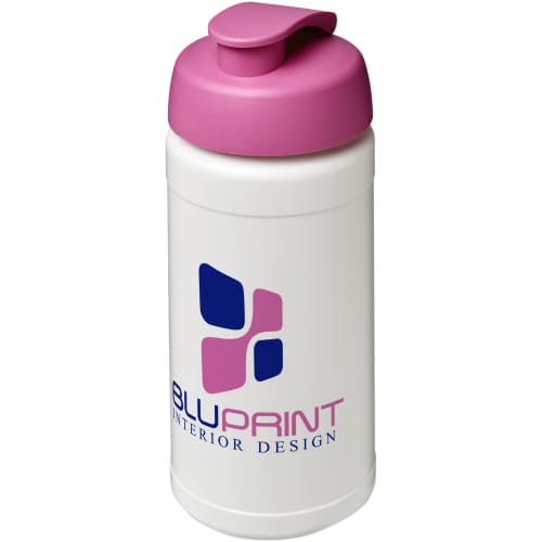 Custom branded 500ml Baseline Plus Sports Bottle with Flip Lid in White/Pink from Total Merchandise
