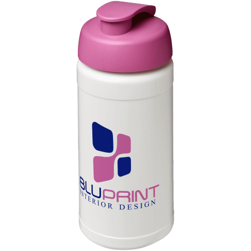 Custom branded 500ml Baseline Plus Sports Bottle with Flip Lid in White/Pink from Total Merchandise