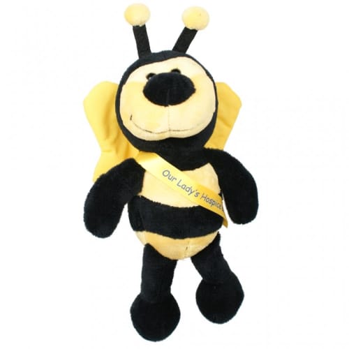 Logo branded 20cm Bertie Bee with Sash with a printed design from Total Merchandise