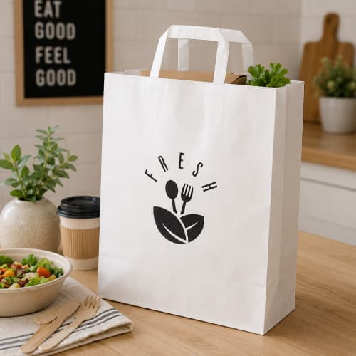 Lifestyle image of the Medium White Kraft Paper Bag with Flat Handles by Total Merchandise