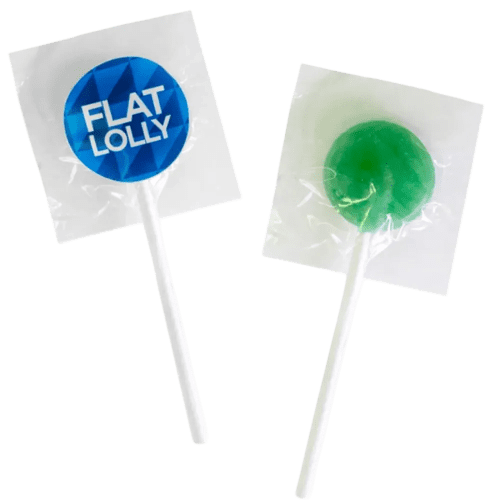 Promotional Flat Round Lollies with a full colour printed design from Total Merchandise