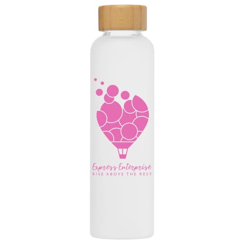 Custom Branded 590ml Frosted Glass Bottle with Bamboo Lid with a design from Total Merchandise