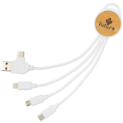 Branded Ontario 6-in-1 Eco Charging Cables in White/Bamboo Printed with a Logo by Total Merchandise