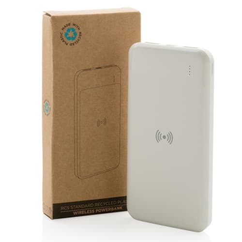 Logo printed Recycled Plastic 8000 mAh Wireless Powerbank in White from Total Merchandise