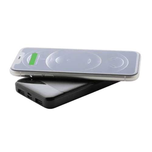 An image of the Recycled Plastic 8000 mAh Wireless Powerbank charging a device wirelessly