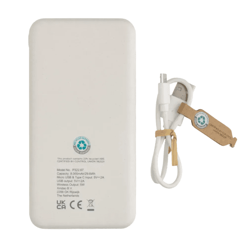 An image to show the information on the back of the power bank and the cable that comes included