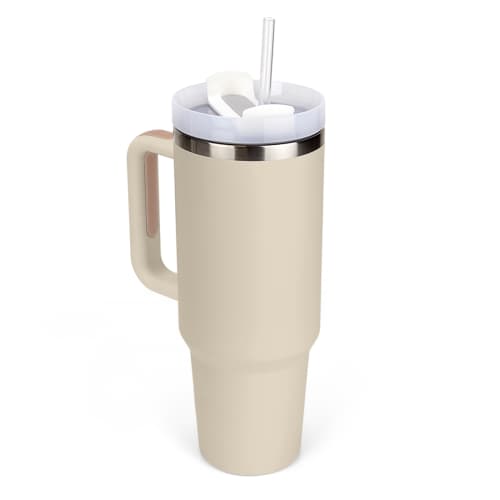 Custom Branded 40oz Extra Large Tumbler with Straw and Handle in Beige from Total Merchandise