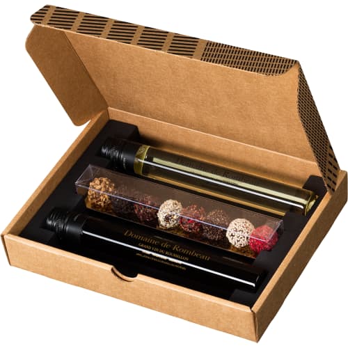 Logo Branded Wine & Chocolate 3pc Glass Tube Gift Box with a design from Total Merchandise