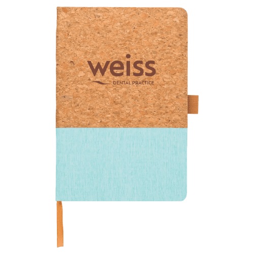 Custom Branded A5 Cork and Cotton Notebook in Aqua from Total Merchandise