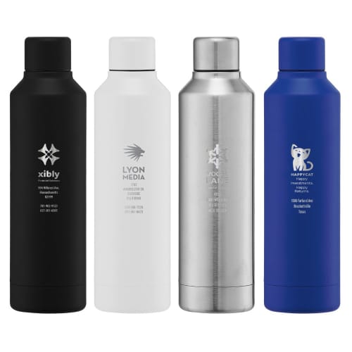 Promotional 500ml Double Walled Copper-Lined Stainless Steel Bottles with an engraved design