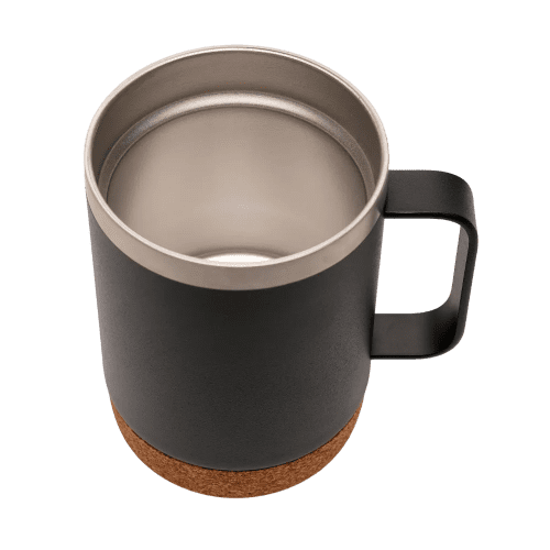 Custom Branded 360ml Stainless Steel Mug with Cork Base in Black/Cork from Total Merchandise