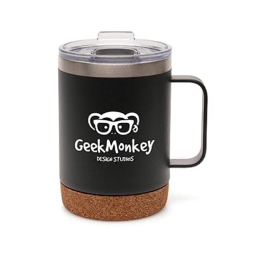 Promotional 360ml Stainless Steel Mug with Cork Base in Black/Cork from Total Merchandise