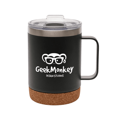 Promotional 360ml Stainless Steel Mug with Cork Base in Black/Cork from Total Merchandise