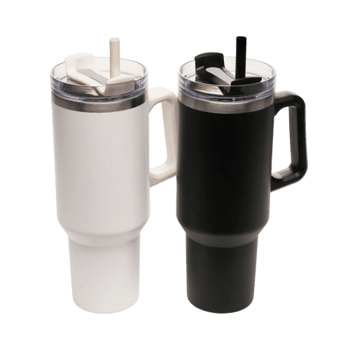 Custom branded 40oz Stainless Steel Mugs with Straws and Handles from Total Merchandise