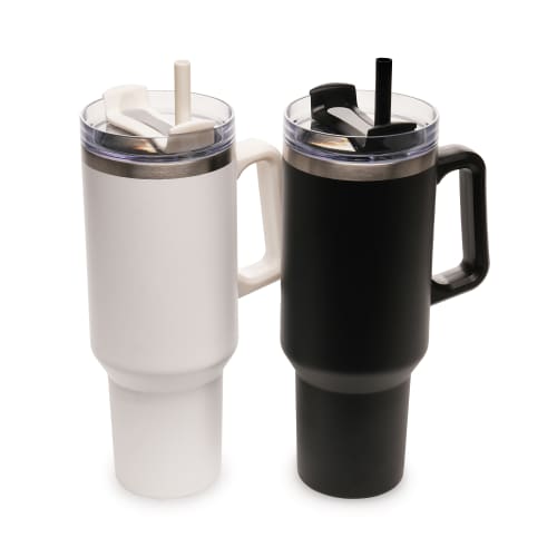 Custom branded 40oz Stainless Steel Mugs with Straws and Handles from Total Merchandise