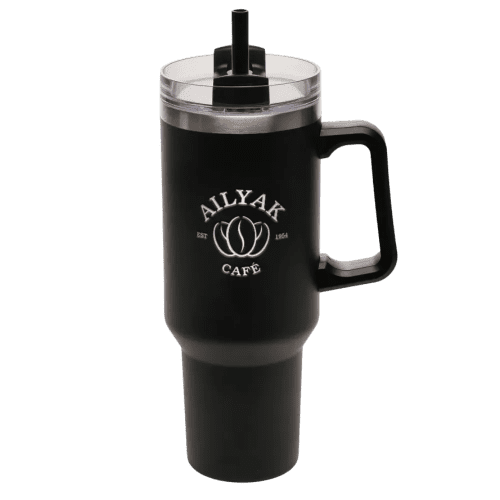 Promotional 40oz Stainless Steel Mug with Straw and Handle in Black from Total Merchandise