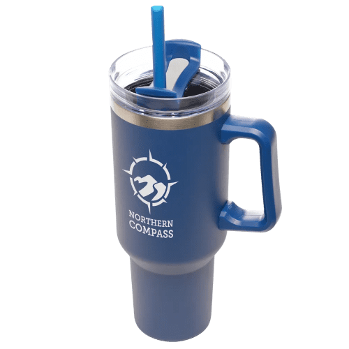 40oz Stainless Steel Mug with Straw and Handle in Navy Blue