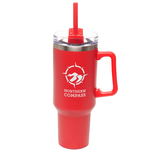 40oz Stainless Steel Mug with Straw and Handle in Red
