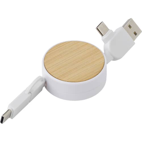 Logo-branded Bamboo Extendable Charging Cable with a design from Total Merchandise - White