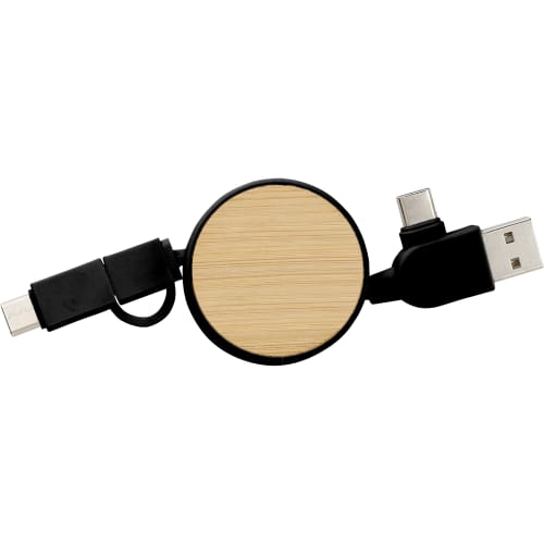 Promotional printed Bamboo Extendable Charging Cable with a design from Total Merchandise - Black