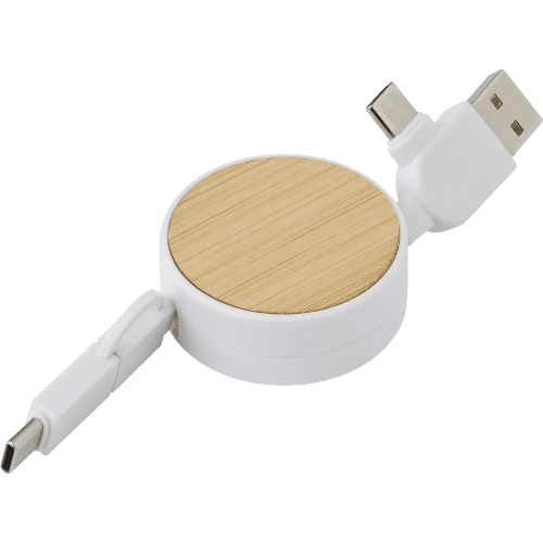 Logo-branded Bamboo Extendable Charging Cable with a design from Total Merchandise - White