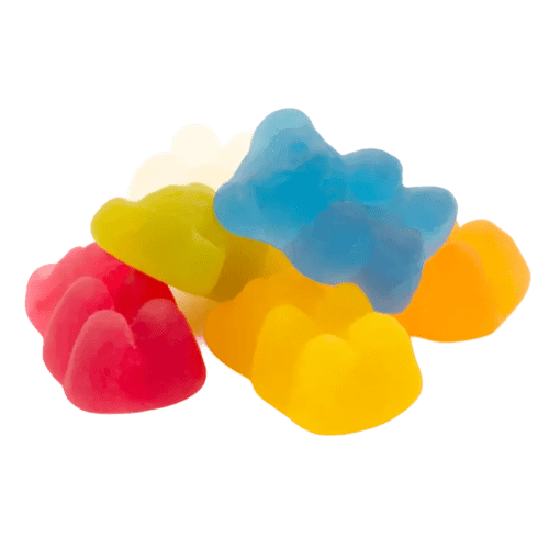 The contents of the Large Eco Pouch of Vegan Bears and all the different colours the bears come in