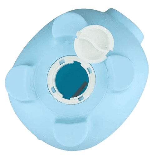 Our Premium Piggy Bank in Blue showing the bottom with the coin hole open